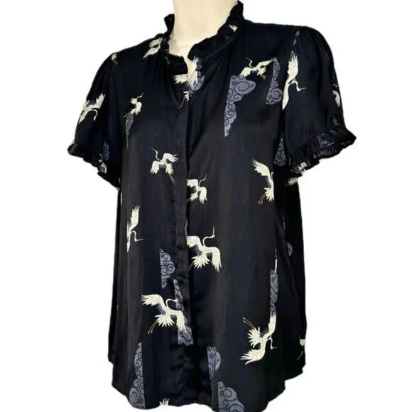 T Tahari Crane Print Black Ruffle Short Sleeve Blouse Small - Picture 6 of 8